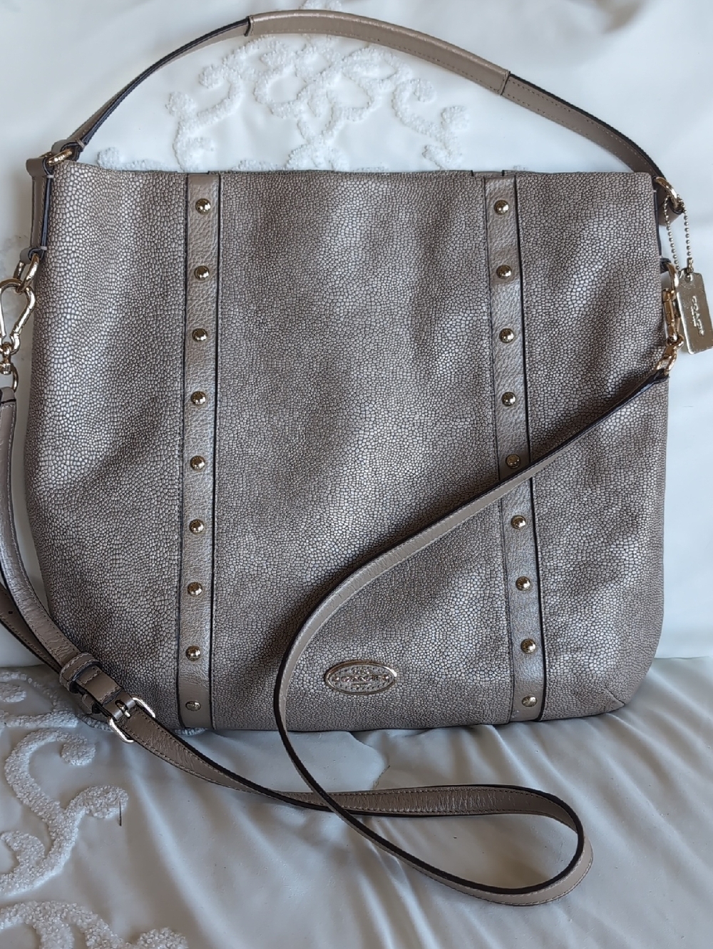 Coach Taupe/Platinum Madison Caviar Leather Studded Crossbody/Shoulder Bag